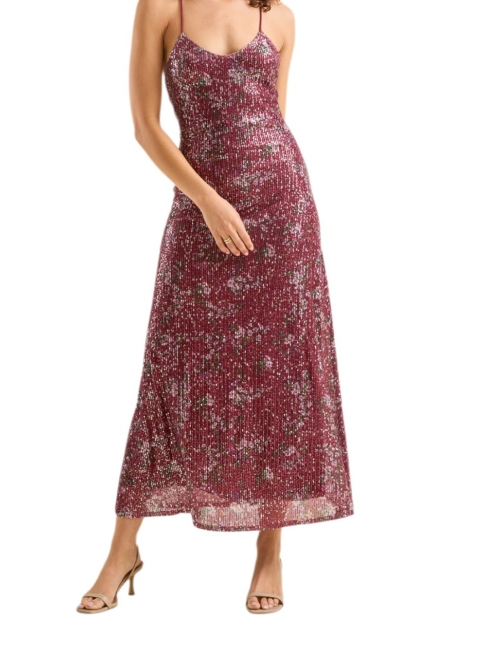 Sequined Burgundy Floral Spaghetti Strap Midi DressSize XL-Altar’d State